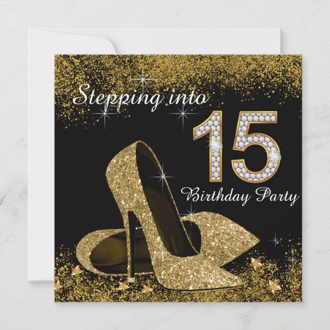 Black and Gold Stepping Into 15 Quinceanera Invitation (Front)