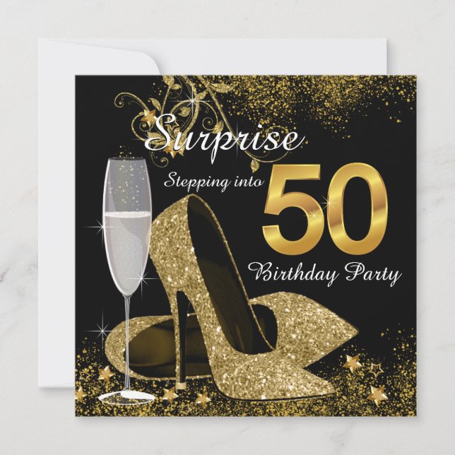 Black and Gold Stepping Into 50 Birthday Party Invitation (Front)