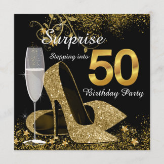 Black and Gold Stepping Into 50 Birthday Party Invitation