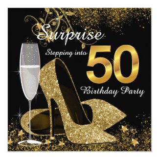 Black and Gold Stepping Into 50 Birthday Party Invitation