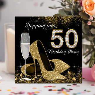 Black and Gold Stepping Into 50 Birthday Party Invitation