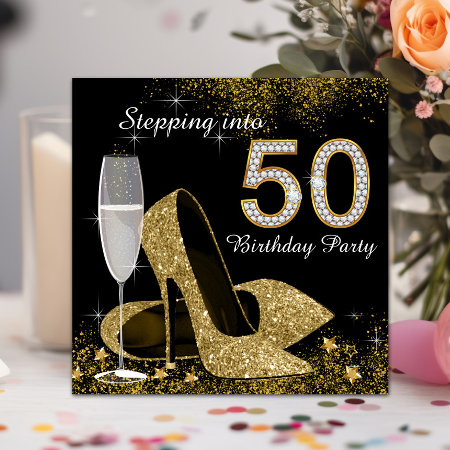 Black And Gold Stepping Into 50 Birthday Party Invitation