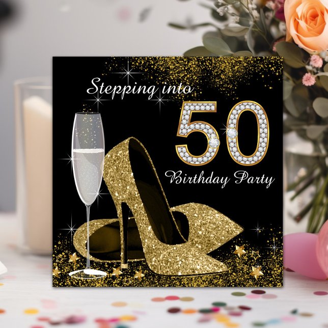 Black and Gold Stepping Into 50 Birthday Party Invitation (Beautiful black and gold Stepping into 50th birthday invitation. Simply add your event details.)
