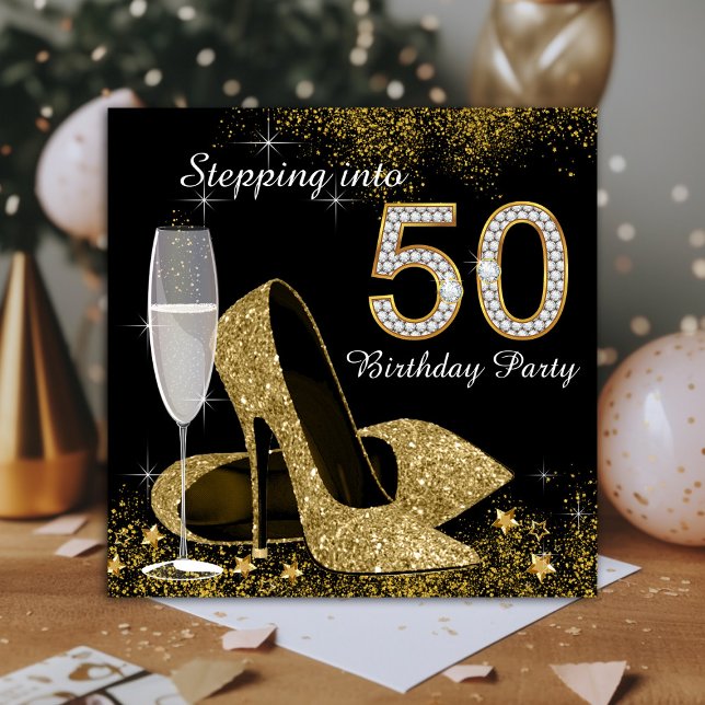 Black and Gold Stepping Into 50 Birthday Party Invitation | Zazzle