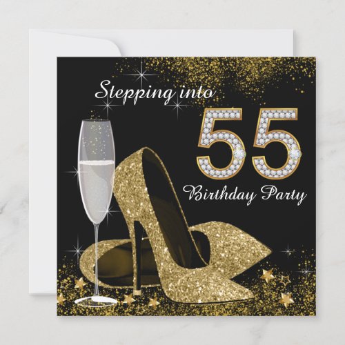 Black and Gold Stepping Into 55th Birthday Party Invitation