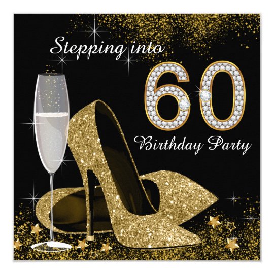 Black and Gold Stepping Into 60 Birthday Party Card 