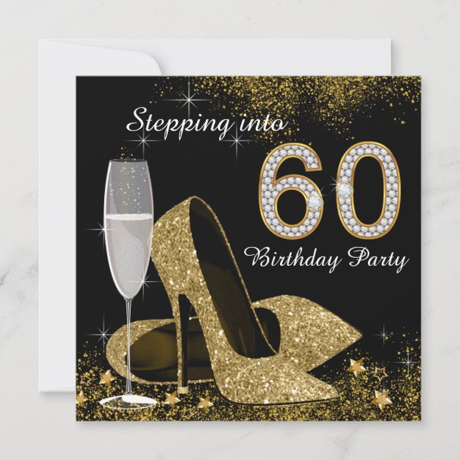 Black and Gold Stepping Into 60 Birthday Party Invitation (Front)