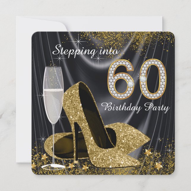 Black and Gold Stepping Into 60 Birthday Party Invitation (Front)