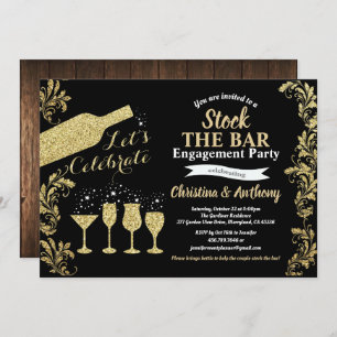 Black and gold stock the bar engagement party invitation