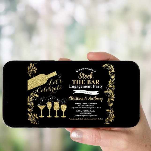 Black and gold stock the bar engagement party invitation (Front Digital)