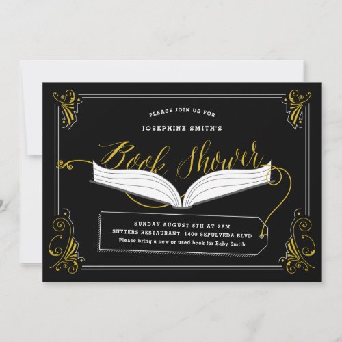 Black and Gold Storybook Library Baby Shower Invitation