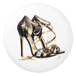 Black and Gold Strappy Stilletto Shoes Ceramic Knob
