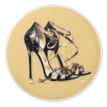 Black and Gold Strappy Stilletto Shoes Ceramic Knob
