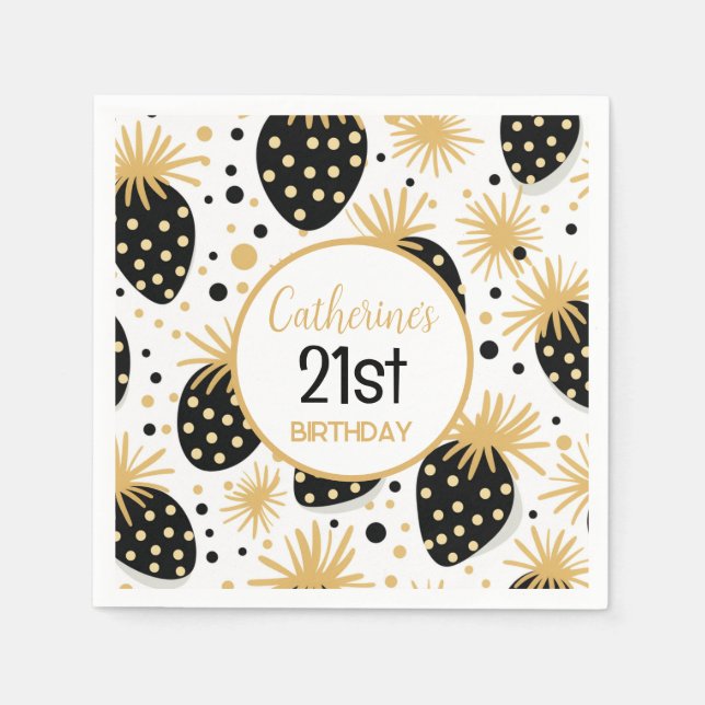 Black and Gold Strawberry Pattern Napkins (Front)