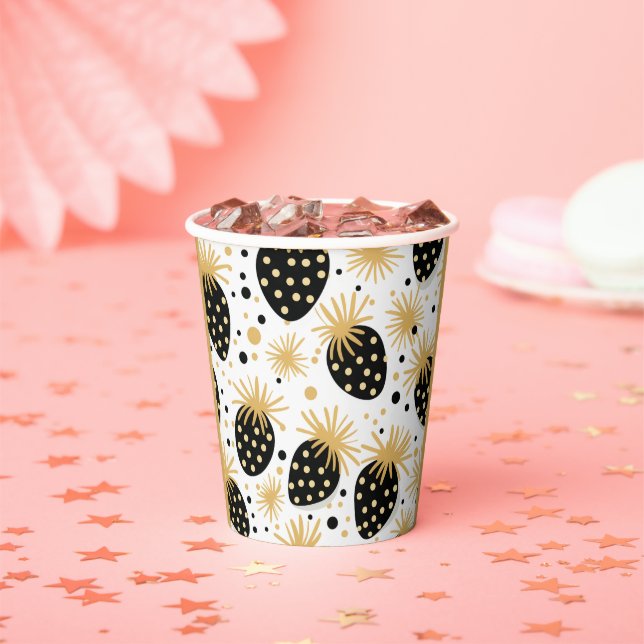 Black and Gold Strawberry Pattern Paper Cups (Insitu)