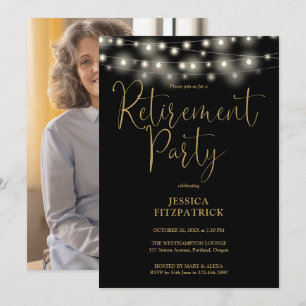 Black And Gold String Light Photo Retirement Party Invitation