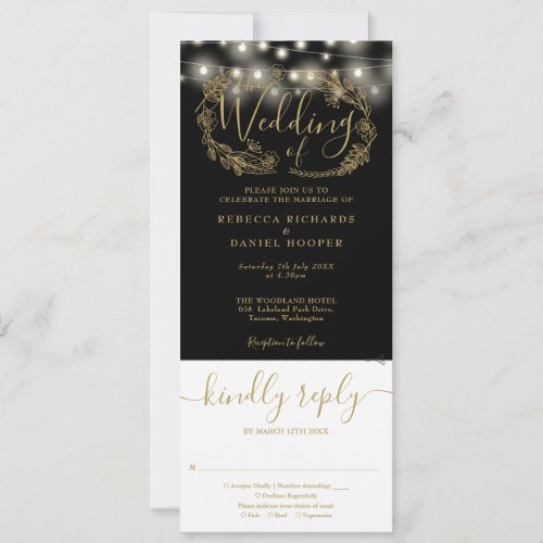 Black And Gold String Lights All In One Wedding Invitation