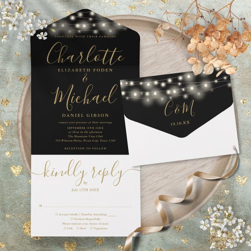 Black And Gold String Lights Chic Script Wedding All In One Invitation