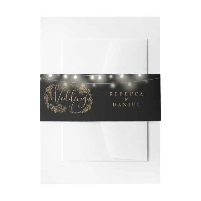 Black And Gold String Lights Floral Wedding Invitation Belly Band (Front Example)