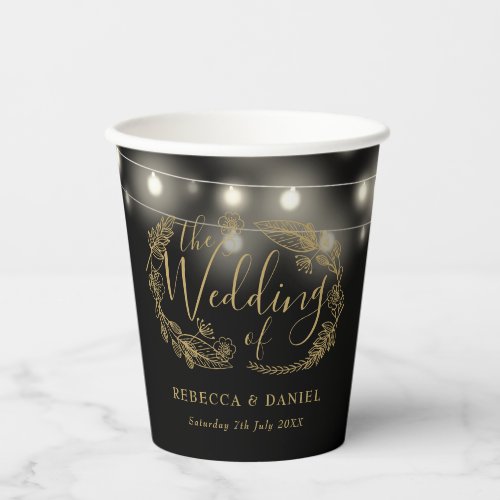Black And Gold String Lights Floral Wedding Paper Cups