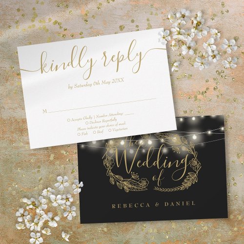 Black And Gold String Lights Floral Wedding RSVP Card