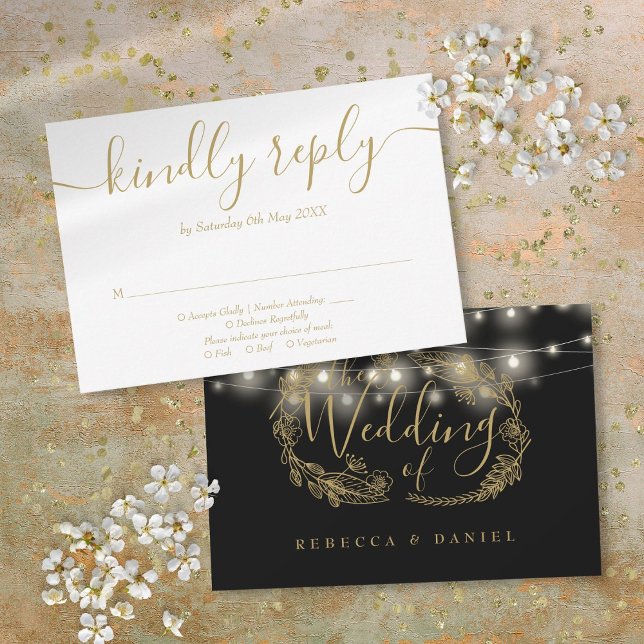 Black And Gold String Lights Floral Wedding RSVP Card (Black And Gold String Lights Floral Wedding RSVP Card)