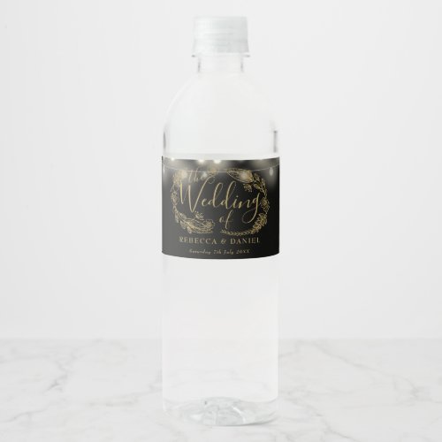 Black And Gold String Lights Floral Wedding Water Bottle Label