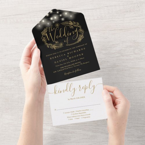 Black And Gold String Lights Foliage Wedding All In One Invitation