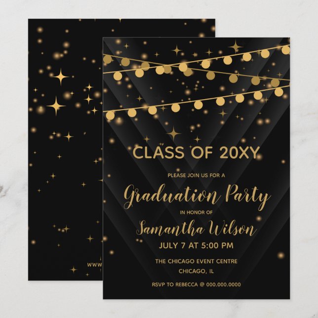 Black and Gold String Lights Graduation Party Invitation (Front/Back)