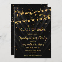 Black and Gold String Lights Graduation Party Invitation