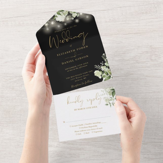 Black And Gold String Lights Greenery Wedding All In One Invitation (Tearaway)
