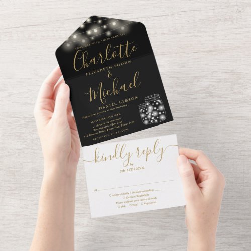 Black And Gold String Lights Mason Jars Wedding All In One Invitation