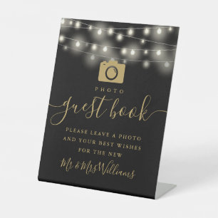Black And Gold String Lights Photo Guest Book Pedestal Sign