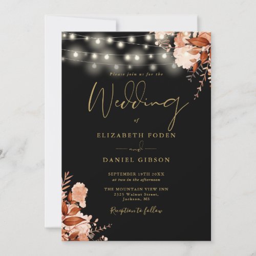 Black And Gold String Lights QR Code Fall Wedding Invitation