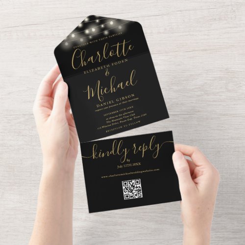 Black And Gold String Lights QR Code Wedding  All In One Invitation