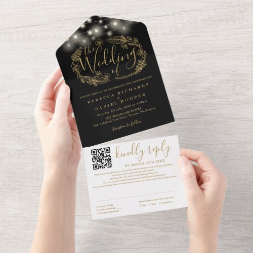 Black And Gold String Lights QR Code Wedding All In One Invitation