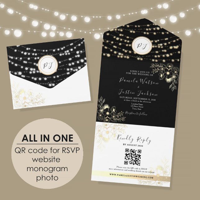 Black and Gold String Lights QR Photo Wedding All In One Invitation (Creator Uploaded)