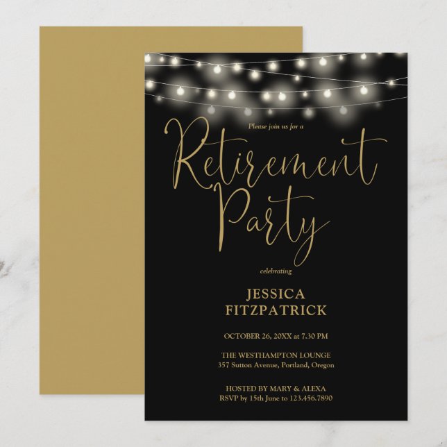 Black And Gold String Lights Retirement Party Invitation (Front/Back)