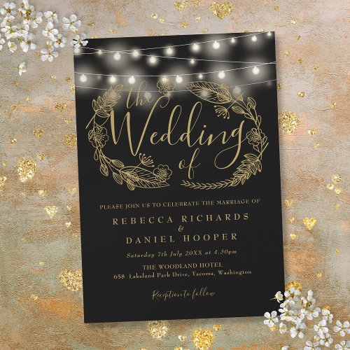 Black And Gold String Lights Script Wedding Invitation
