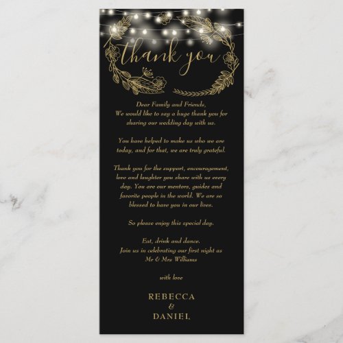 Black And Gold String Lights Thank You Place Card