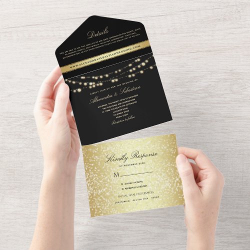 Black and Gold String Lights Wedding All In One Invitation