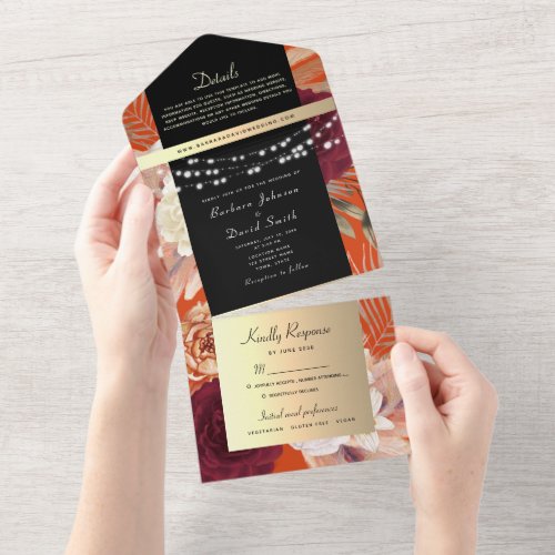 Black and Gold String Lights Wedding All In One Invitation