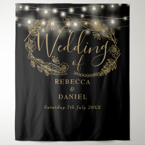 Black And Gold String Lights Wedding Backdrop