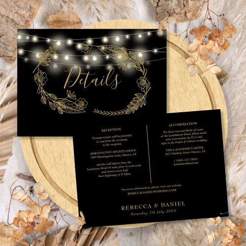 Black And Gold String Lights Wedding Details Card