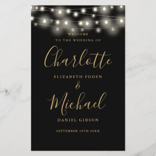 Black And Gold String Lights Wedding Program