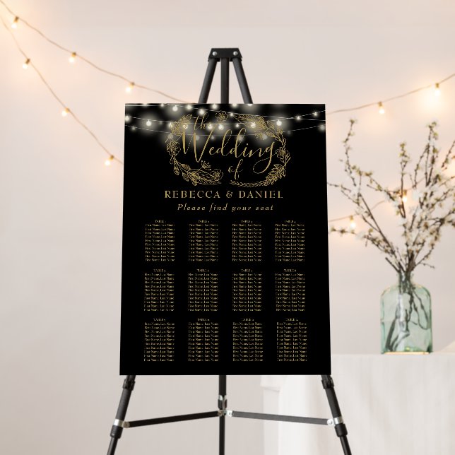 Black And Gold String Lights Wedding Seating Plan Foam Board (In Situ (Stand))