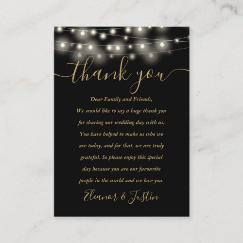 Black And Gold String Lights Wedding Thank You Place Card