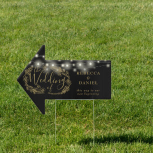 Black And Gold String Lights Wedding This Way Sign