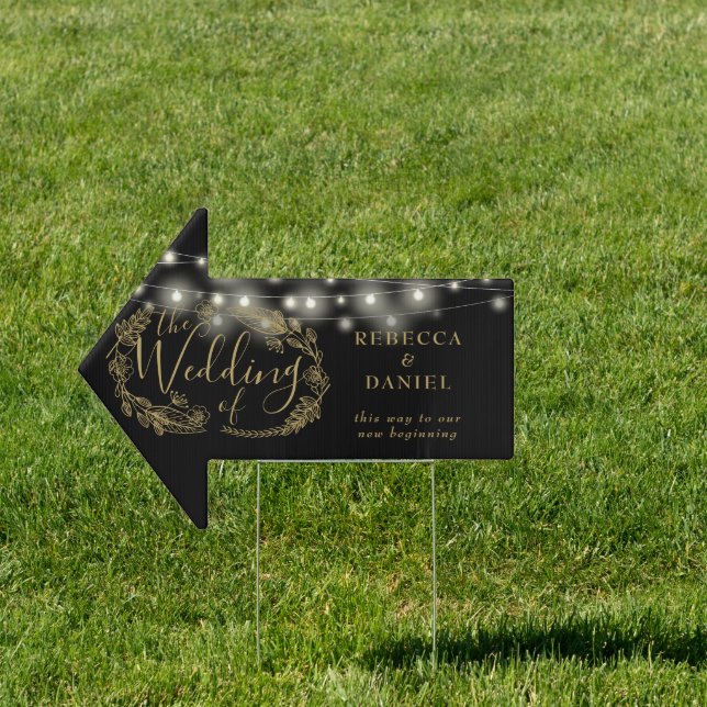 Black And Gold String Lights Wedding This Way Sign (Insitu)
