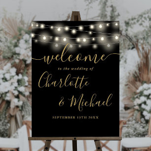 Black And Gold String Lights Wedding Welcome Sign
